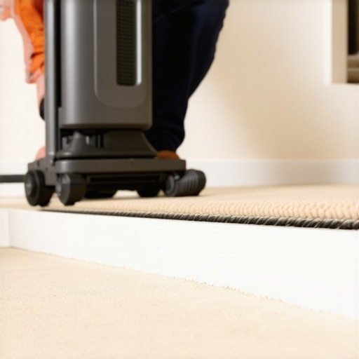 Close-up of a power stretcher tool stretching carpet during installation.