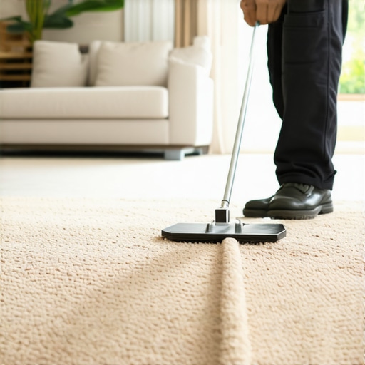 Professional Carpet Power Stretcher in Use Contractor using a power stretcher to ensure a flat and tight carpet installation.