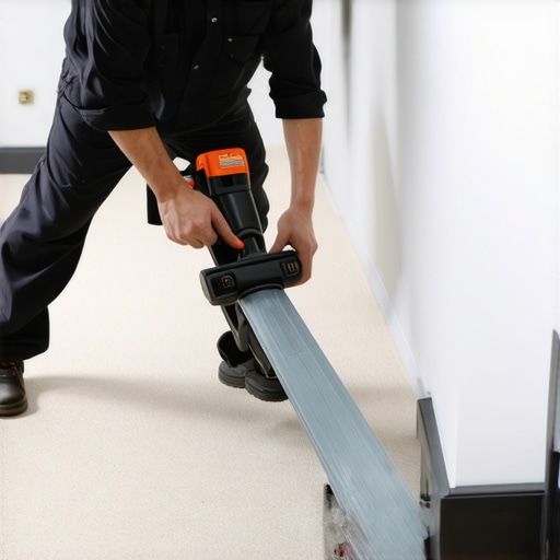 Professional Carpet Power Stretching Process An installer using a power stretcher to ensure a ripple-free carpet installation according to industry standards.