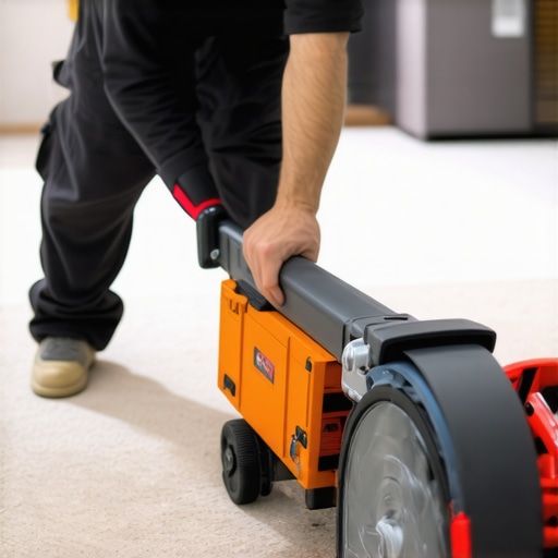 Professional Carpet Power Stretching Process An installer using a power stretcher to prevent carpet ripples and buckling.