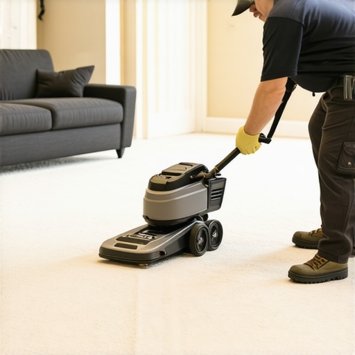 Professional Carpet Power Stretching Technique An installer using a power stretcher on a newly installed carpet.