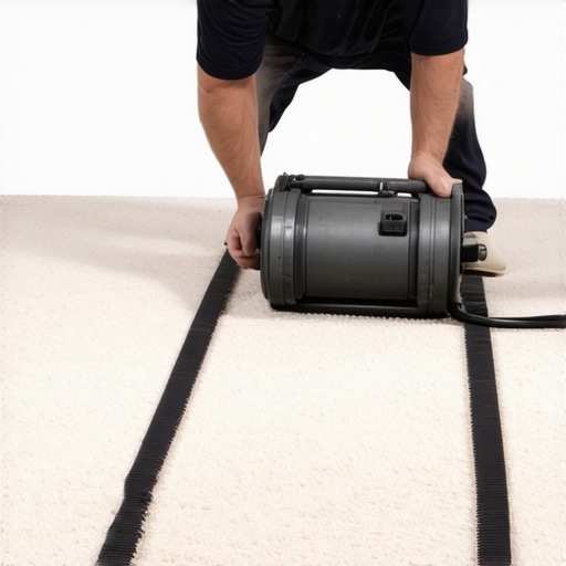 A contractor using a power stretcher to properly install carpet according to CRI standards.