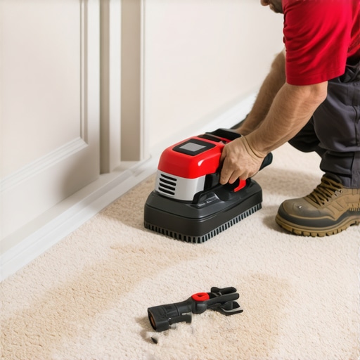 Professional Carpet Power Stretching Technique A worker using a power stretcher to ensure a ripple-free carpet installation.