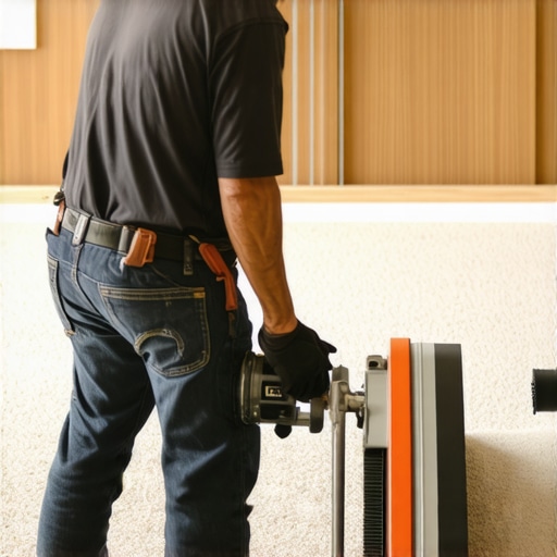 Professional Carpet Power Stretching Technique An installer using a power stretcher to ensure a ripple-free carpet installation according to CRI-105 standards.
