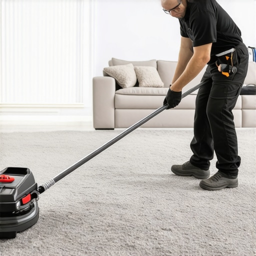 Professional Carpet Power Stretching Technique A flooring contractor using a power stretcher to install residential carpet according to CRI standards.