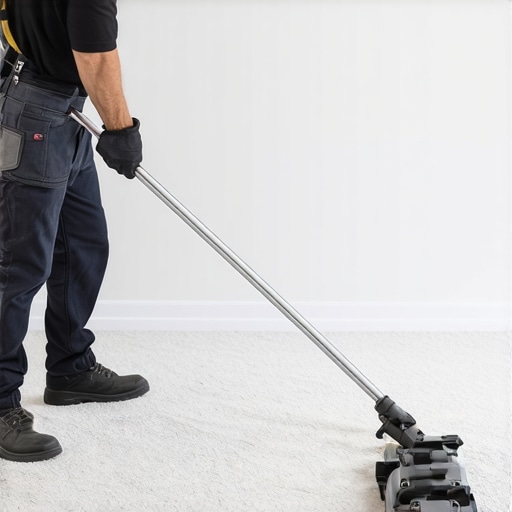 Professional Carpet Power Stretching Technique A contractor using a power stretcher to prevent future carpet wrinkles and ensure proper tension.