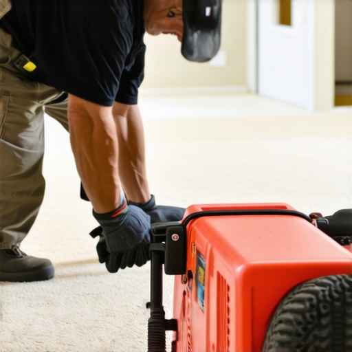 Professional Carpet Power Stretching Technique Contractor using a power stretcher to ensure a wrinkle-free carpet installation.