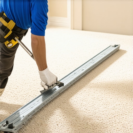 Professional Carpet Power Stretching Technique A contractor using a power stretcher on a new carpet installation to prevent buckling.