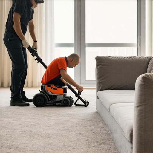 Professional Carpet Power Stretching Technique Close-up of a power stretcher tool being used on a new carpet installation to ensure proper tension and prevent ripples.