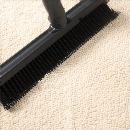 A person using a carpet rake to lift matted fibers and maintain carpet pile.