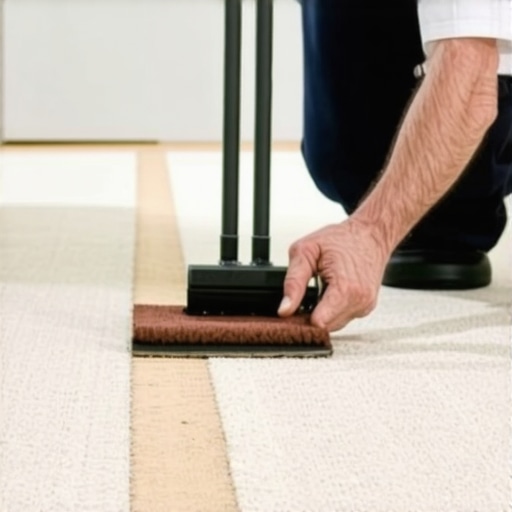 Professional Carpet Row Finding Technique A close-up of a carpet installer using a row-finder to prep a seam for cutting.