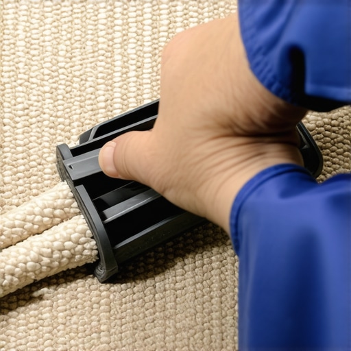 A hand using a carpet row separator tool on beige carpet