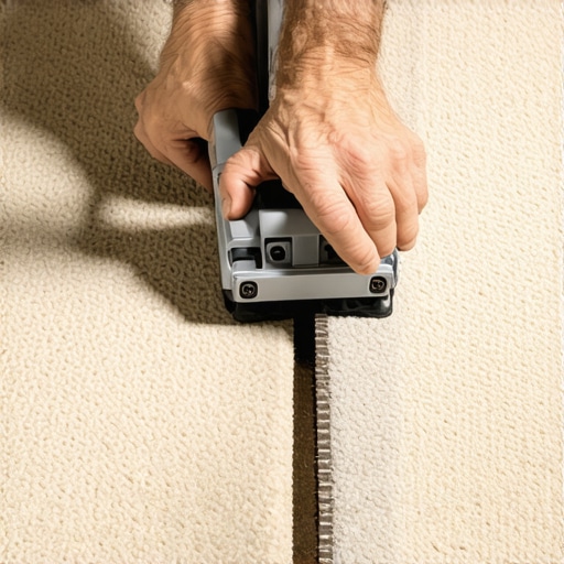 A professional flooring installer using a seam tractor to blend carpet fibers for an invisible finish.