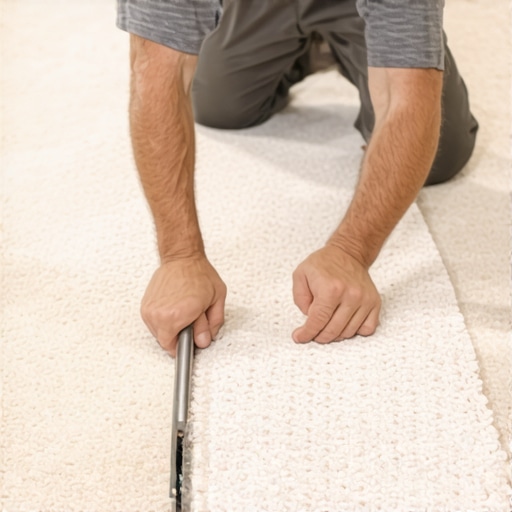 Professional Carpet Seaming Step-by-Step Close-up of a carpet iron and seam tractor being used to create an invisible carpet join.
