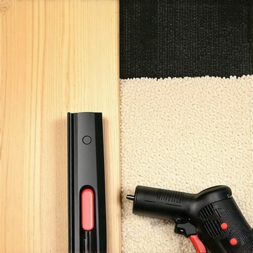 Professional Carpet Stair Installation Tools Carpet bolster and electric stapler on a stair tread showing professional installation technique.