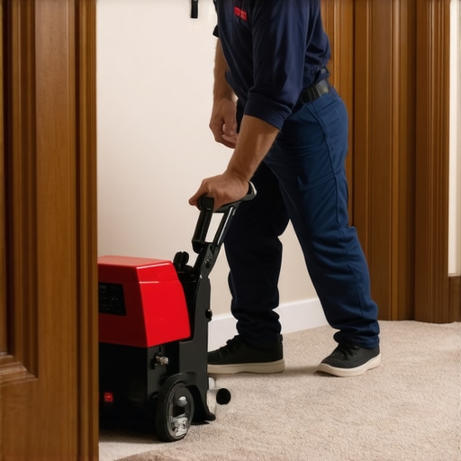 Professional Carpet Stretching Technique Close-up of a power stretcher creating tension on a new carpet near a doorway.