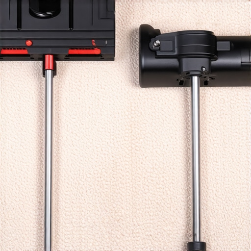 A power stretcher and a knee kicker on a carpeted floor showing the tools used for proper carpet installation.