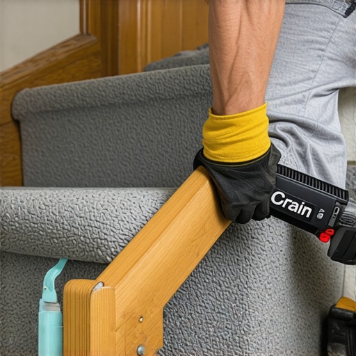 A specialist using a professional stair tool to secure carpet on a bullnose step.