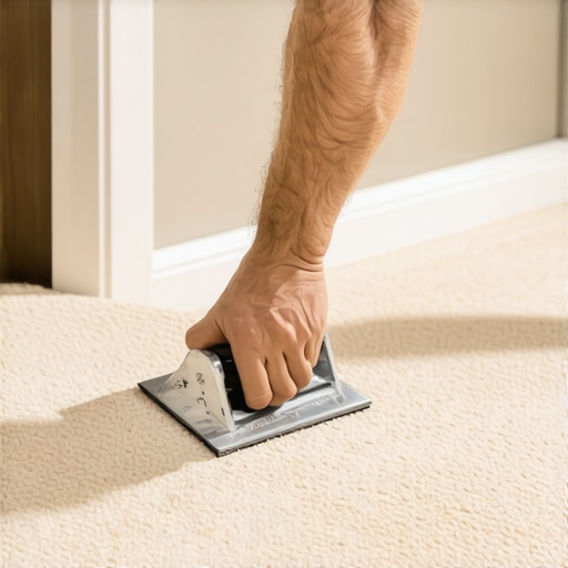 Professional Carpet Tucking for Clean Edges A professional using a carpet tucker tool to finish a carpet installation against a baseboard.