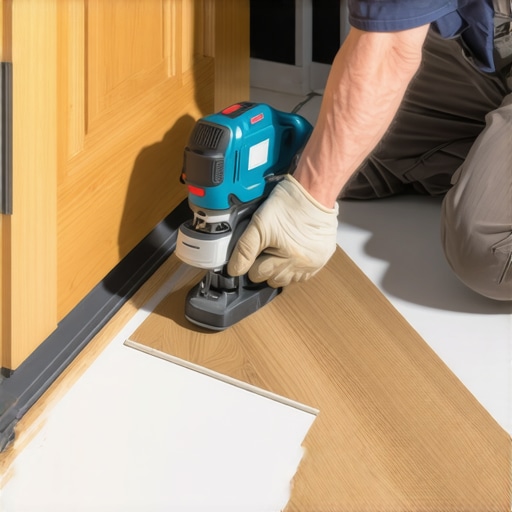 Close-up of an oscillating tool undercutting a door frame for flooring installation