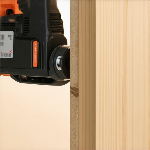 A contractor using an oscillating multi-tool to undercut a door frame for new floor installation.