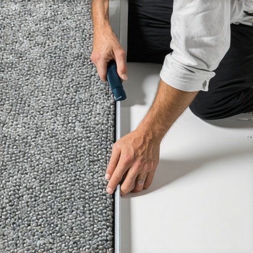 A worker cutting through two layers of overlapping carpet to create a perfect seam.