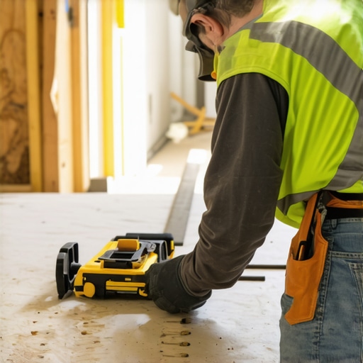 Close-up of solid blocking installation between floor joists for tile subfloor stability.