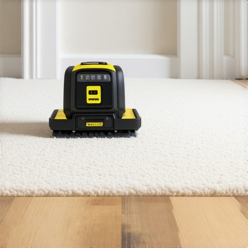 A collection of specialized flooring tools including a laser level and power stretcher on a new floor