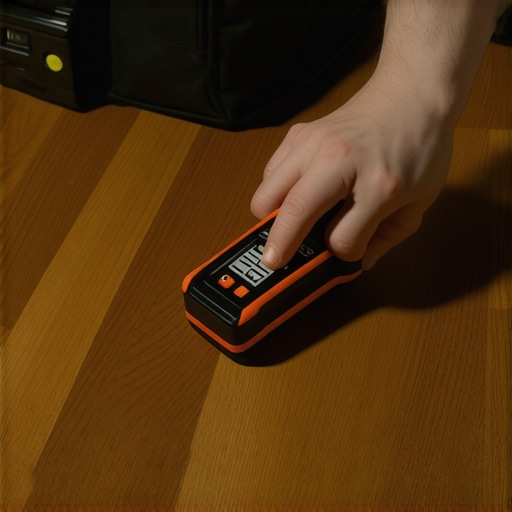 Professional Flooring Maintenance and Installation Tools A professional digital moisture meter checking a new hardwood floor installation.