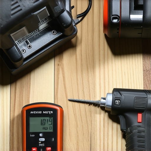 Professional flooring tools including a moisture meter and undercut saw on hardwood