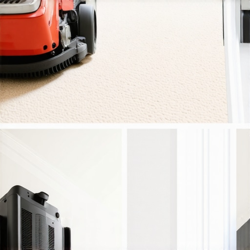 Professional Flooring Tools and Trim Detail Comparison of a carpet power stretcher and a finished baseboard return miter.