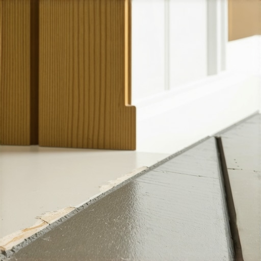 Close-up of a flooring transition strip being installed over concrete with an expansion gap.