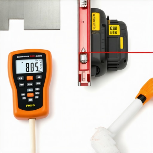 Professional Flooring and Tile Installation Tools Close up of a moisture meter, laser level, and white rubber mallet used for professional flooring installation.