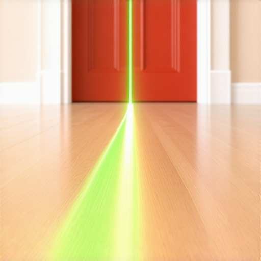 A green laser line guiding a precise flooring and baseboard installation.
