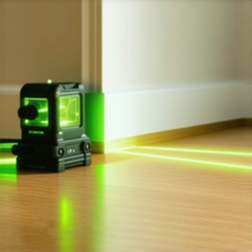 A green beam laser level projecting a horizontal line on baseboards and tile for a professional DIY installation.