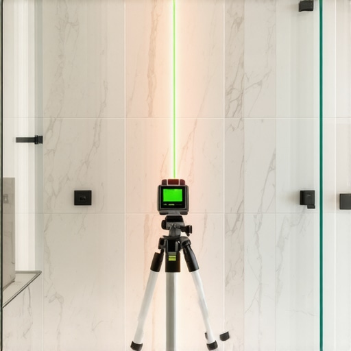 A green beam laser level projecting lines on marble tiles during a shower renovation.