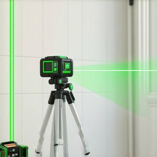 Professional Green Beam Laser Level for Tile Alignment A green beam laser level projecting a line on a bathroom wall for precise tile installation.