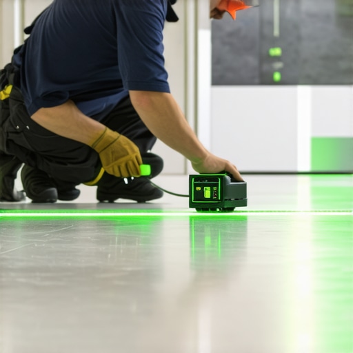Contractor using a laser level for flooring installation
