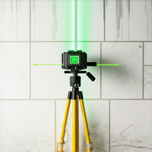 Professional Laser Alignment for Large Format Tile A green beam laser level projecting grid lines on a bathroom wall for tile installation.