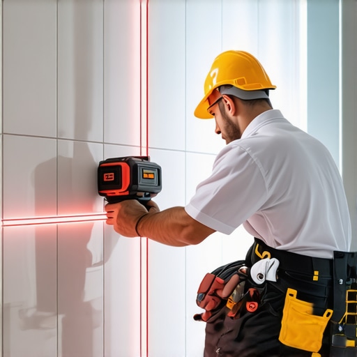 Contractor using a laser level to align bathroom wall tiles for a perfect finish