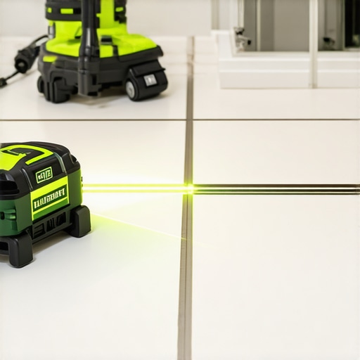 Professional Laser Level Setup for Precision Tiling A green laser level projecting alignment lines on a bathroom floor for tile installation.