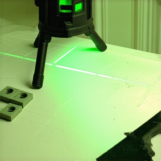 A green beam laser level projecting lines on a shower wall for perfect tile alignment.