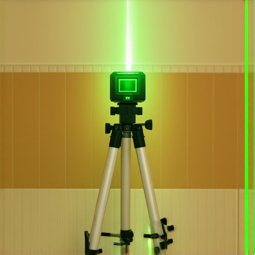 A green laser level projecting a grid onto bathroom walls for tile installation alignment.