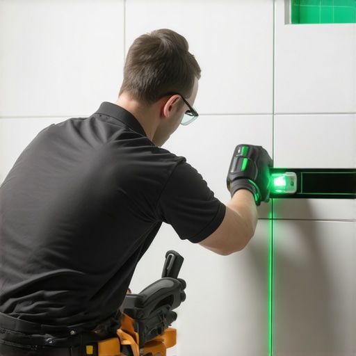 Contractor using a green laser level to ensure perfectly straight tile rows during a bathroom renovation.