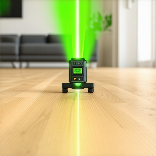 Professional Laser Level for Flooring Installation A green beam laser level being used to check the levelness of a new hardwood floor and baseboards.