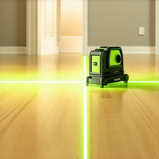 Professional Laser Level for Flooring Setup A green beam laser level being used to check subfloor flatness for a seamless flooring installation.