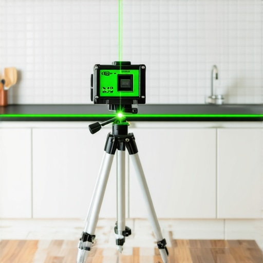 Professional Laser Level for Flooring and Tile Projects A green laser level projecting a straight line on a kitchen wall and baseboards for precise installation.