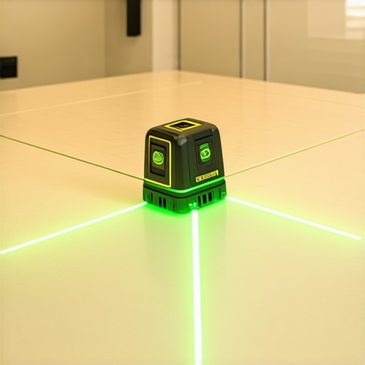 Professional Laser Level for Precise Tile Alignment A green laser level projecting lines across a tile floor for perfect installation.