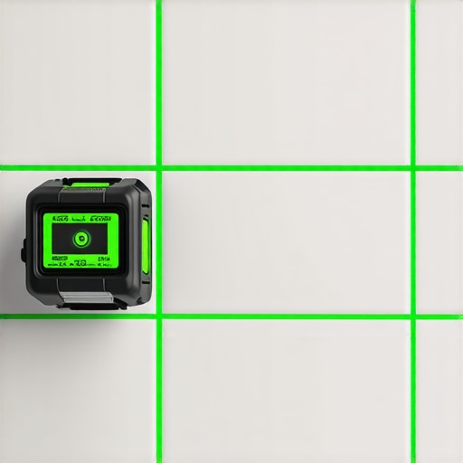 Professional Laser Level for Precision Flooring A green cross-line laser level used for aligning tiles in a bathroom renovation.