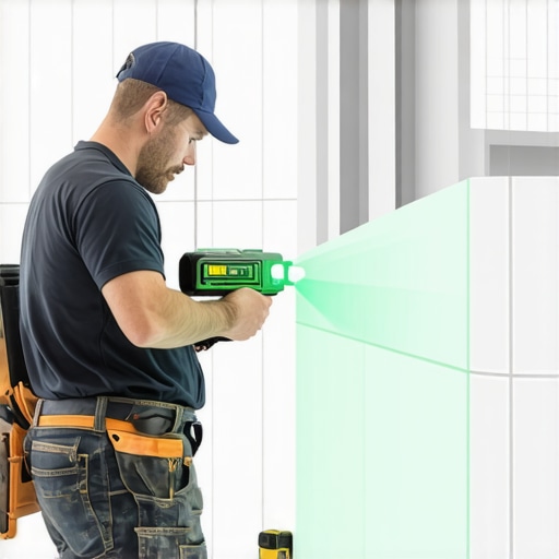Contractor using a laser level for perfect tile alignment in a shower remodel.
